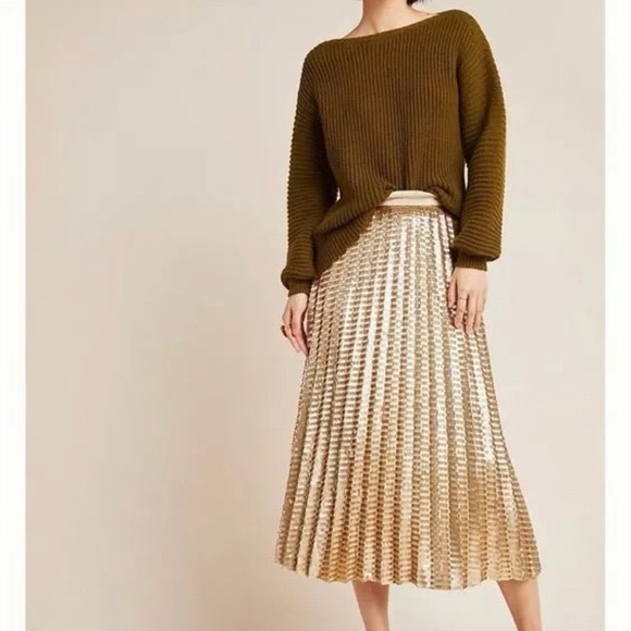 Anthropologie Maeve Natalia Gold Sequin Midi Skirt Pleated A-Line Size 12 NWT - Picture 4 of 15